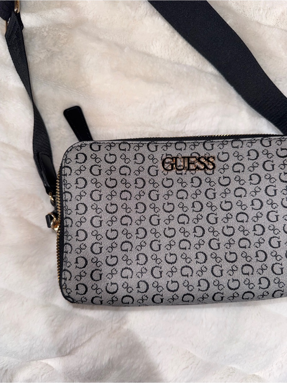 GUESS Signature Monogram Crossbody in Gray and Black with Gold Logo